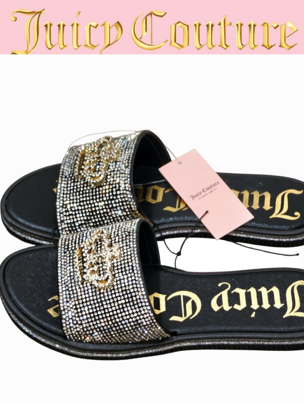 Juicy Couture Yoni 2 Crystal Crown Slide Sandals- Black